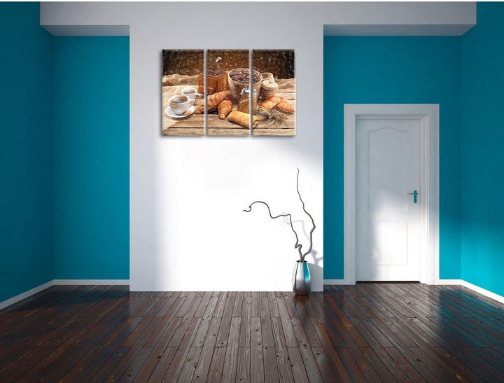 Pixxprint Aromatischer Kaffee mit Croissant Bunstift Effekt 3-Teiler Leinwandbild 120x80 Bild auf Le