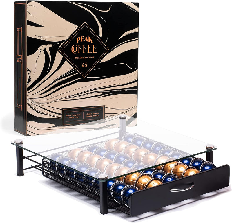 Peak Coffee Nespresso Vertuo Kaffeekapsel Tablett - Organizer & Kaffee Maschinenständer mit Glasdeck