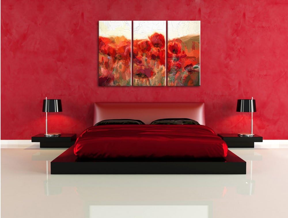 Pixxprint Feuriger Mohn Kunst / 3-Teilig/Gesamtmass 120cm Leinwandbild bespannt auf Holzrahmen/Wandb