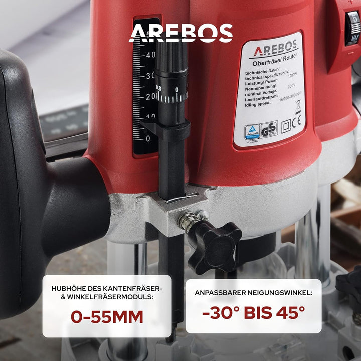 Arebos Oberfräse mit Koffer (1200 W, Ø 6 und 8 mm, Drehzahlregelung, Parallelanschlag, Reduzierstück