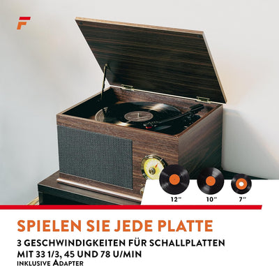 Fenton RP173 Retro Plattenspieler Bluetooth, Schallplattenspieler, Record Player mit FM Radio, einge