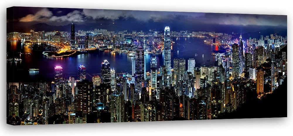 Feeby Vlies Leinwandbild Stadtbild Hongkong Skyline 150x50 cm Wanddeko Design Kunstdruck Zimmerdeko