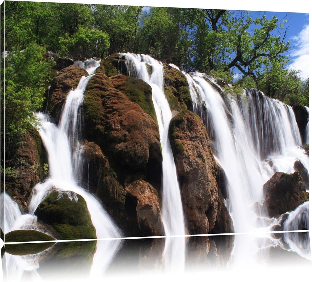 prachtvoller Wasserfall im Dschungel Leinwand, XXL riesige Bilder fertig gerahmt mit Keilrahmen, Kun