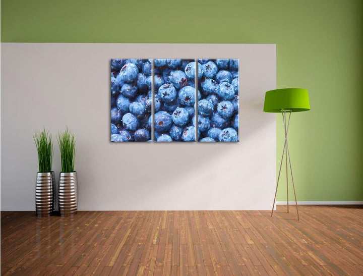 Pixxprint Blaubeeren mit Wassertropfen Kunst Pinsel Effekt 3-Teiler Leinwandbild 120x80 Bild auf Lei