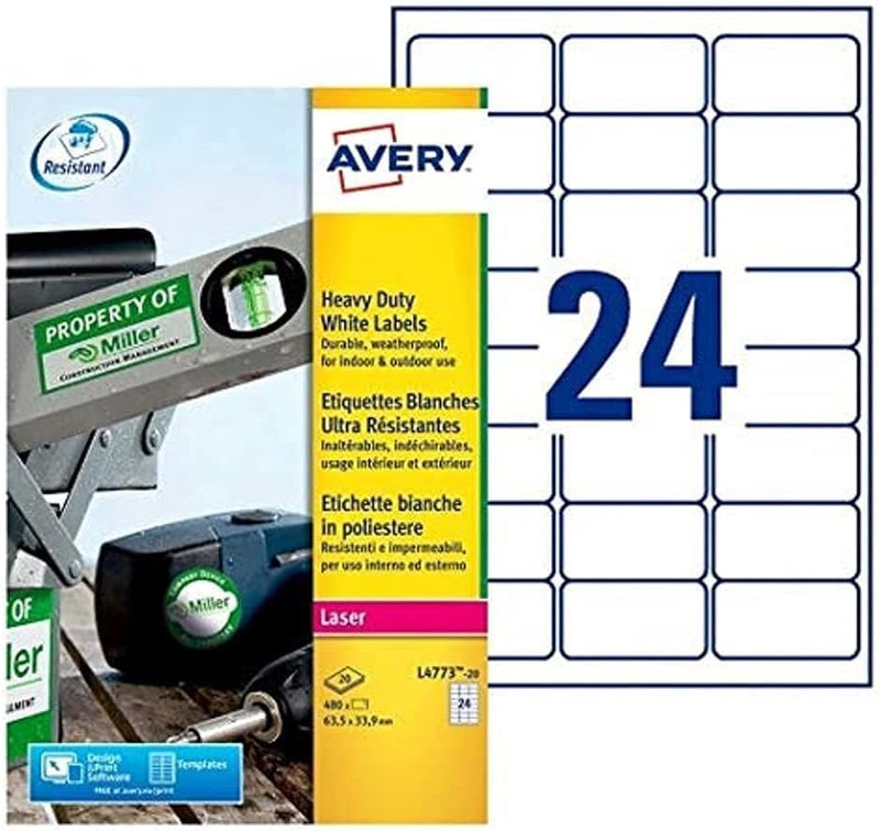 Avery L4773-20 480x Ultra widerstandsfähige Etiketten für Laserdrucker 63,5 x 33,9 mm Weiss