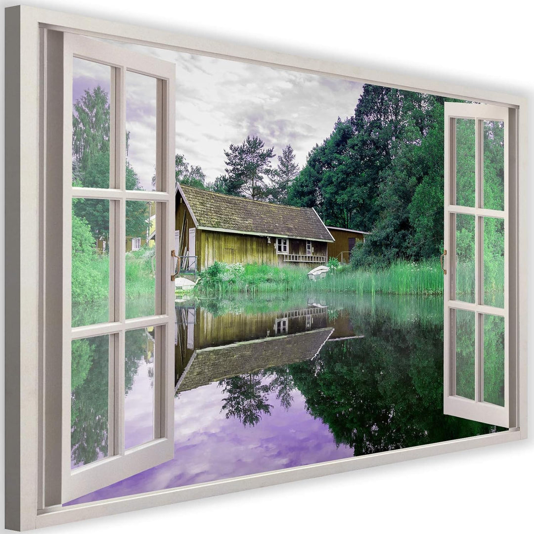Feeby Viles - Leinwand Bilder - Fensterblick Natur- 120x80 cm- Deko Wohnzimmer - Wandbilder Schlafzi
