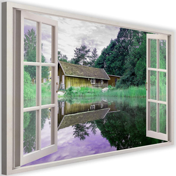 Feeby Viles - Leinwand Bilder - Fensterblick Natur- 120x80 cm- Deko Wohnzimmer - Wandbilder Schlafzi