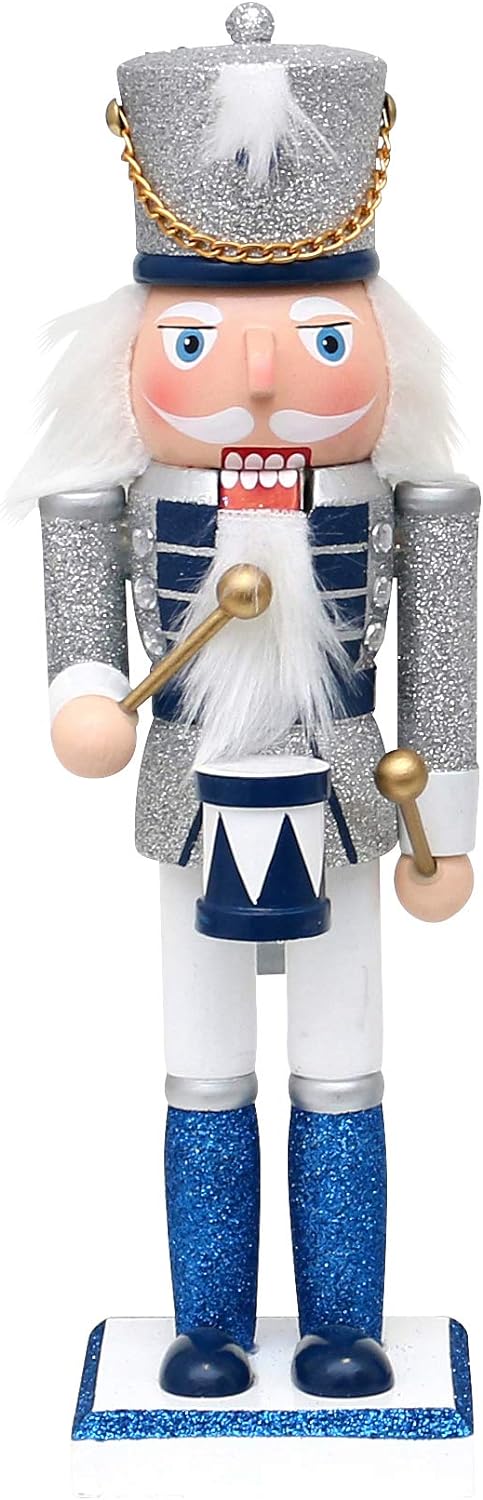 Dekohelden24 Holz Nussknacker Trommler in Silber/blau/weiss, mit Glitter, Masse L/B/H: 7,5 x 7 x 26
