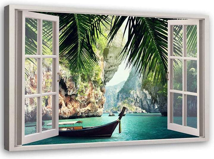 Feeby Viles - Leinwand Bilder - Fensterblick Natur- 120x80 cm- Deko Wohnzimmer - Wandbilder Schlafzi