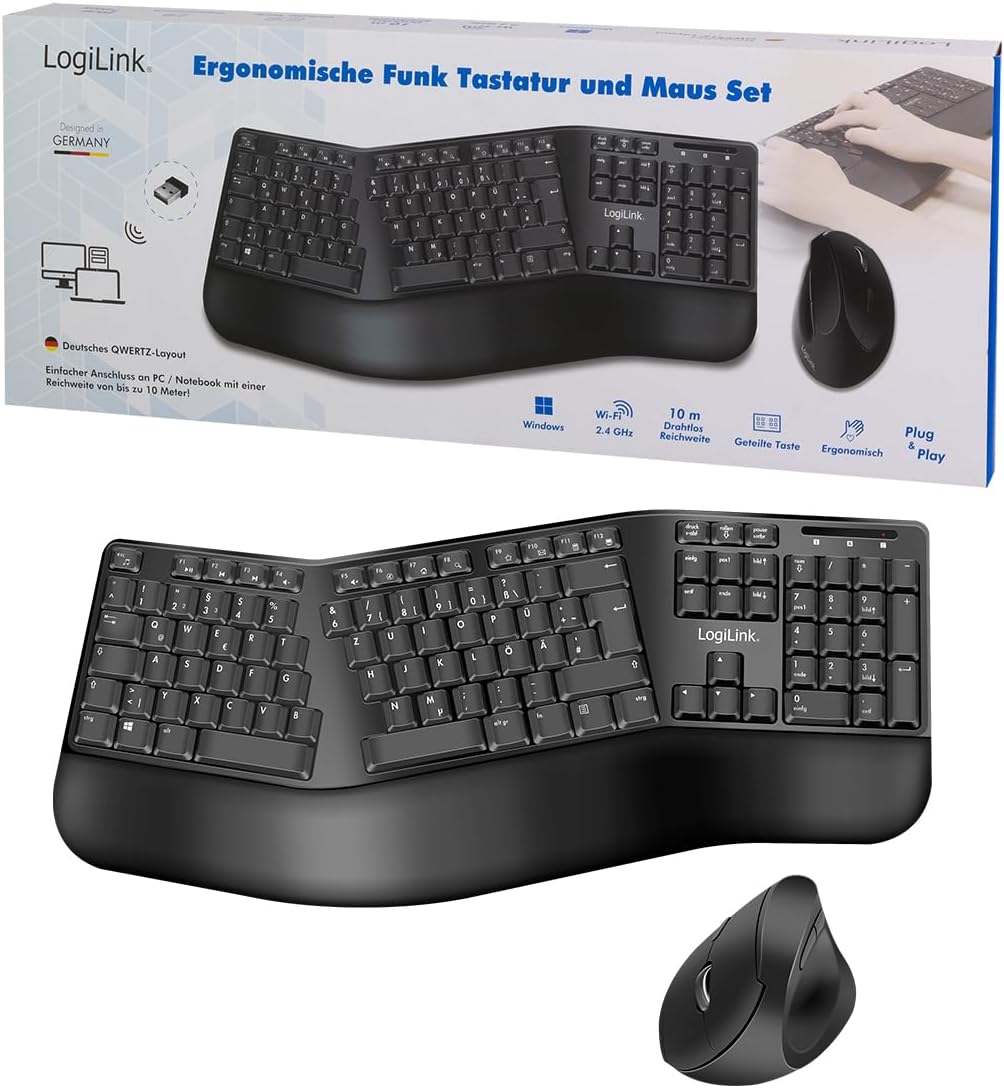 LogiLink Ergonomisches Funk-Tastatur-Maus-Set mit geteilter Tastatur (mit 13 Multimedia Keys)