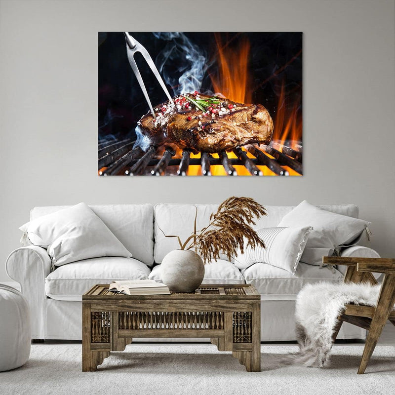 Bilder auf Leinwand 100x70cm Leinwandbild Steak Grill Flammen Essen Gross Wanddeko Bild Schlafzimmer