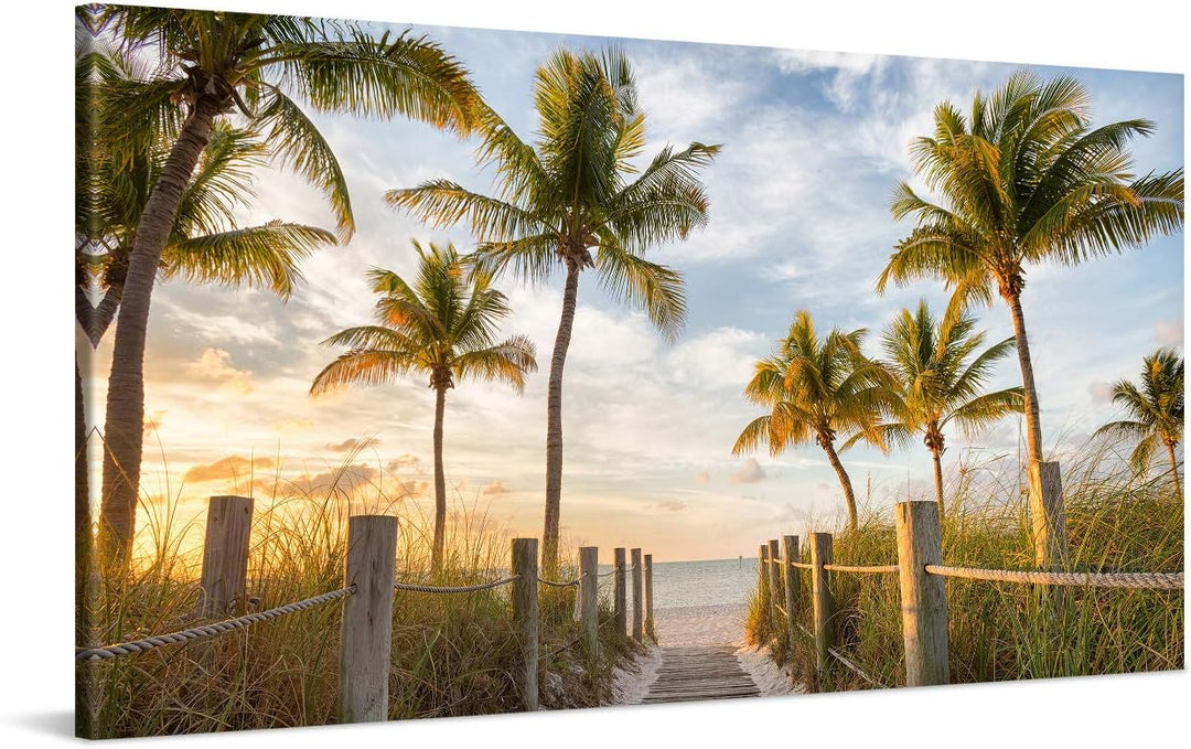 PICANOVA – Bild auf Leinwand Palmenweg zum Meer 100x50cm – Leinwandbild – Premium Leinwanddruck – Wa