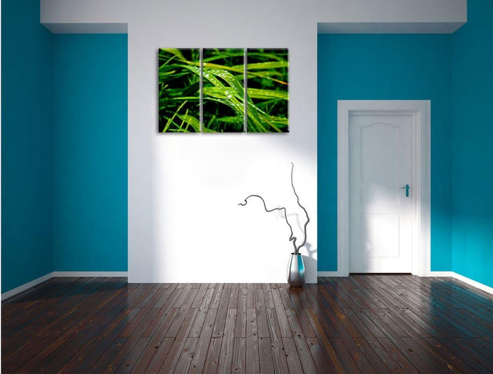Pixxprint Grashalme Neon Lights Effekt 3-Teiler Leinwandbild 120x80 Bild auf Leinwand