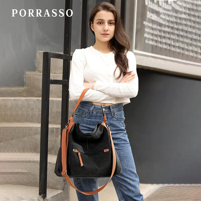 PORRASSO Casual Schultertasche Damen Umhängetasche Handtasche Segeltuch Hobotasche Crossbody Bag für