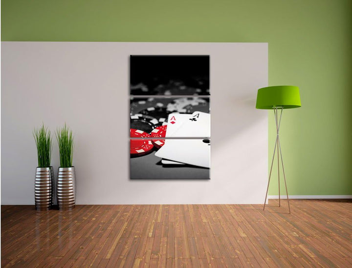Pixxprint Spielkarten auf Pokertisch schwarz/weiss 3-Teiler Leinwandbild 120x80 Bild auf Leinwand