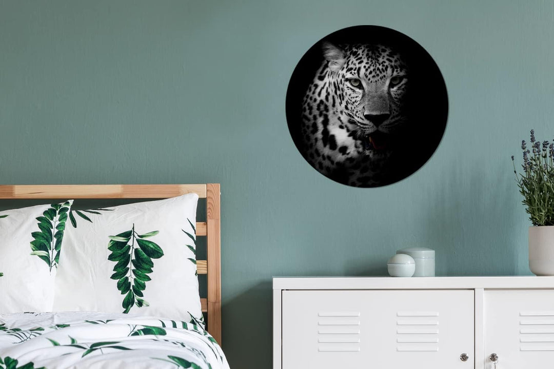 MuchoWow Wandbild Rund Wanddeko Deko Wohnzimmer Bilder 60x60 cm Tiere - Schwarz - Weiss - Panther -