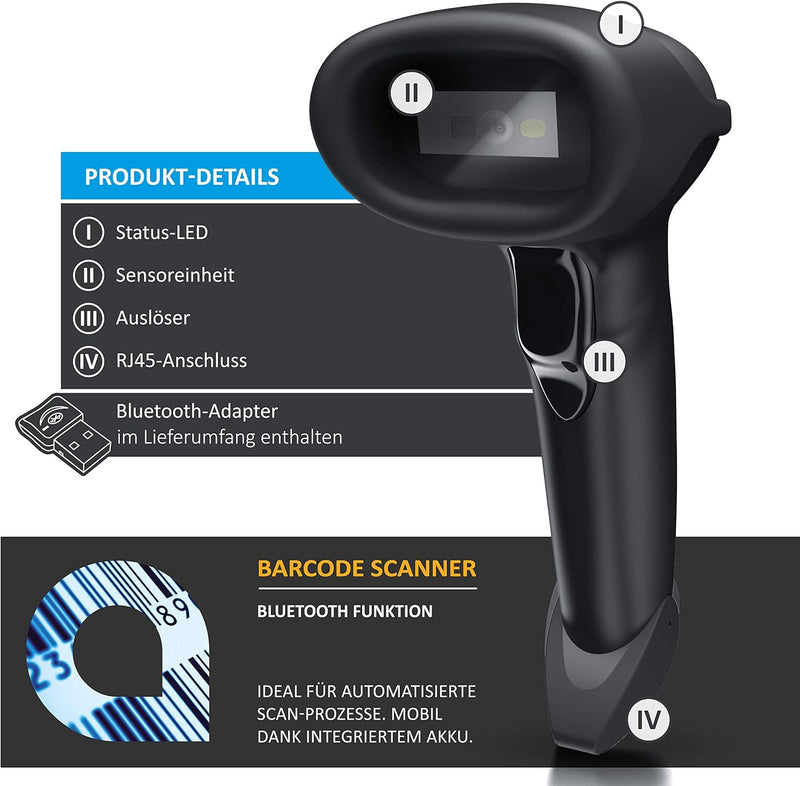 CSL - Wireless Barcode Scanner Bluetooth 2.4 GHz, 2D 1D, grosser Akku 2000mAh, 10 Stunden Dauerbetri