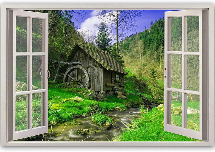 Feeby Vlies Leinwandbild Offenes Fenster 3D-Illusion 90x60 cm Druckbild Wandbild Wanddekoration Deko