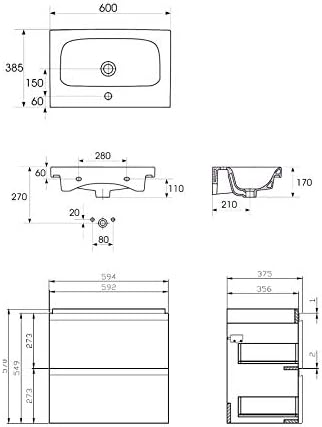 VBChome Badmöbel Slim 60 cm Grau Waschbecken mit Unterschrank Waschtisch 2-Schubladen Moduo Waschbec