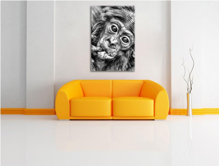 Pixxprint kleines Affenbaby / 100x70cm Leinwandbild bespannt auf Holzrahmen/Wandbild Kunstdruck Deko