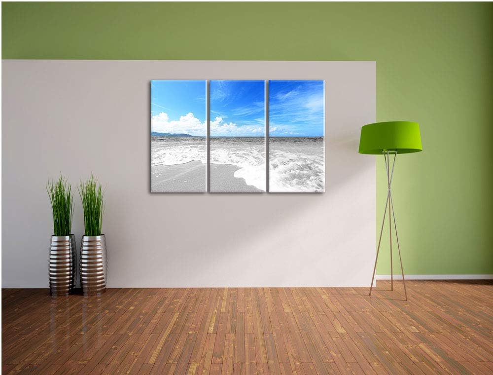 Sandstrand mit Welle bei azurblauen Himmel schwarz/weiss 3-Teiler Leinwandbild 120x80 Bild auf Leinw