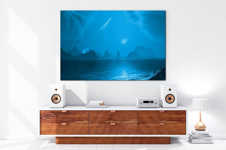 deyoli chaotische Landschaft mit Saturn am Himmel Format 80x60 Effekt: Monocrome Blau als Leinwandbi