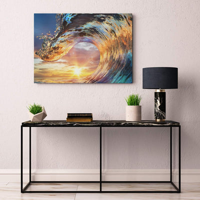 PICANOVA – Bild auf Leinwand Wellen-Sonnenuntergang 80x60cm – Leinwandbild – Premium Leinwanddruck –