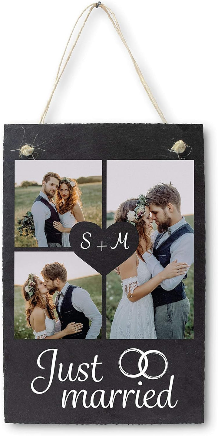 wandmotiv24 Schiefertafel Hochzeit Just Married, Aufhängeschild mit Strick, Personalisierbar Digital