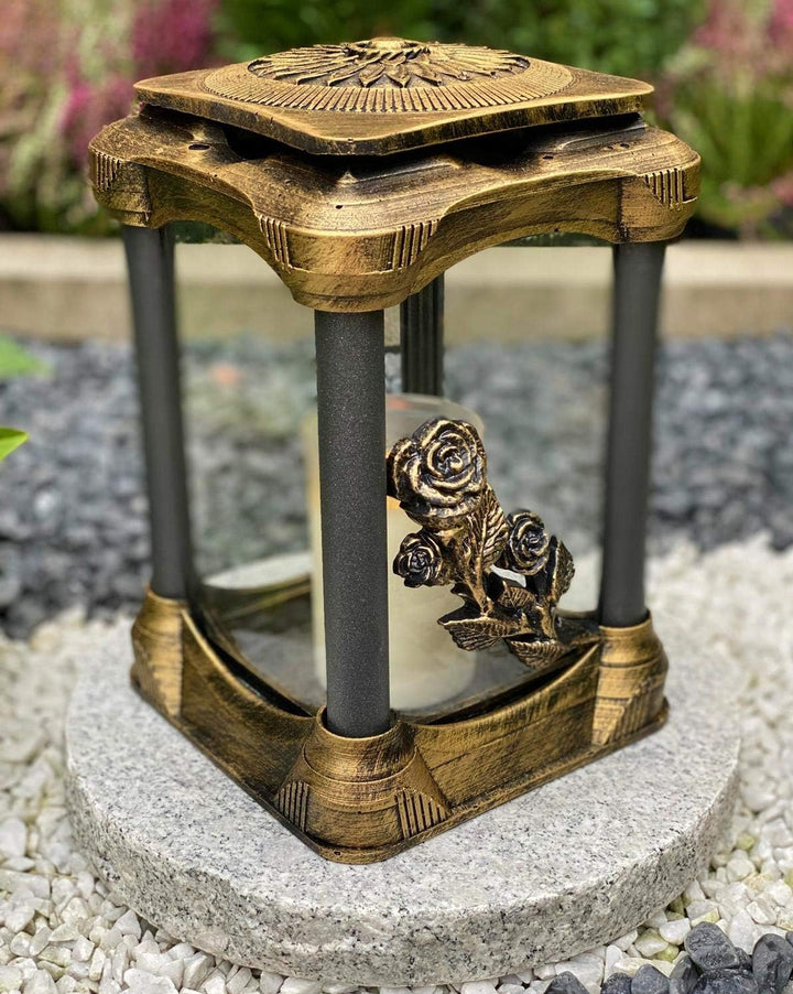 Grablampe Handmade NEU Rose-Motiv Grablicht Grabkerze Grabdekoration Grabschmuck Gartenlampe incl.Gr