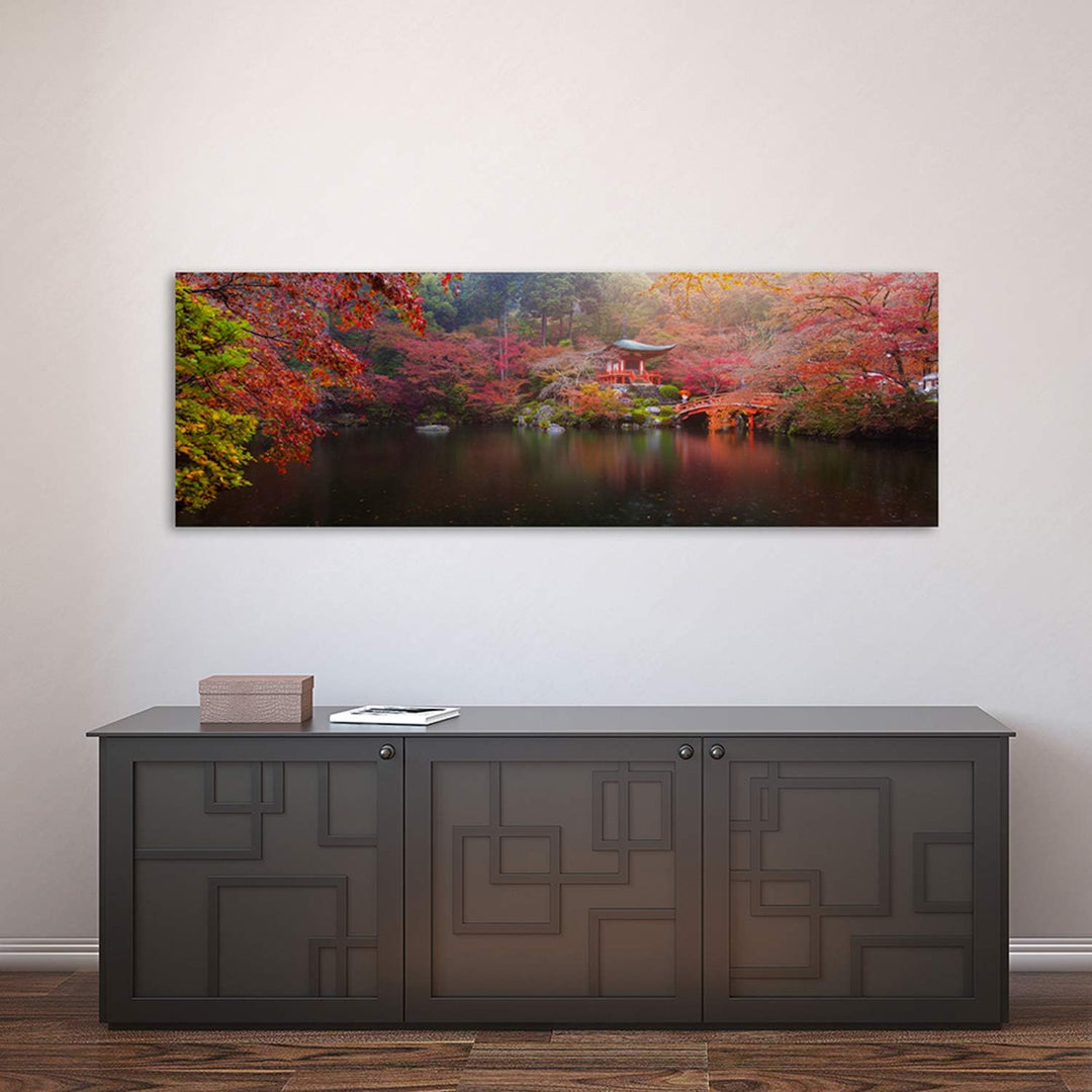 Feeby. Leinwandbild, Bilder, Wand Bild, Wandbilder, Kunstdruck 90x30 cm, JAPAN, PARK, SEE, ROT, 90x3