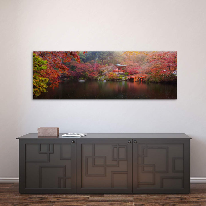 Feeby. Leinwandbild, Bilder, Wand Bild, Wandbilder, Kunstdruck 90x30 cm, JAPAN, PARK, SEE, ROT, 90x3