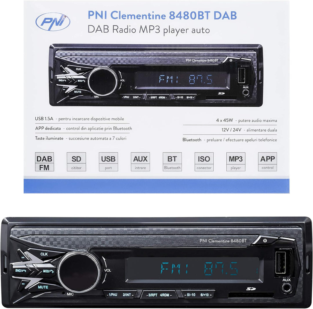 DAB MP3 Autoradio PNI Clementine 8480BT, 4x45w, 12 / 24V, 1 DIN, Bluetooth und USB 1.5A zum Aufladen