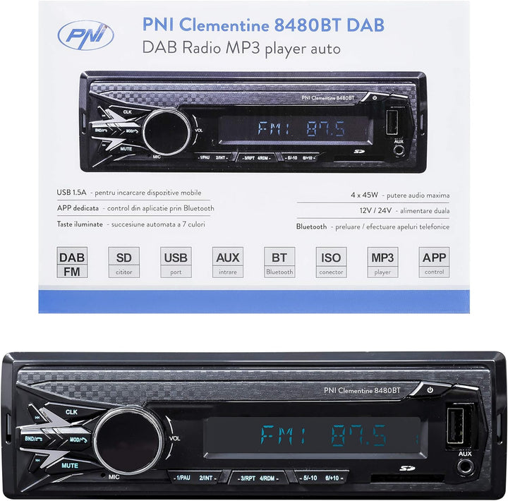 DAB MP3 Autoradio PNI Clementine 8480BT, 4x45w, 12 / 24V, 1 DIN, Bluetooth und USB 1.5A zum Aufladen
