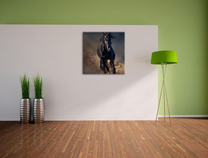 Elegantes schwarzes Pferd, Format: 70x70 auf Leinwand, XXL riesige Bilder fertig gerahmt mit Keilrah