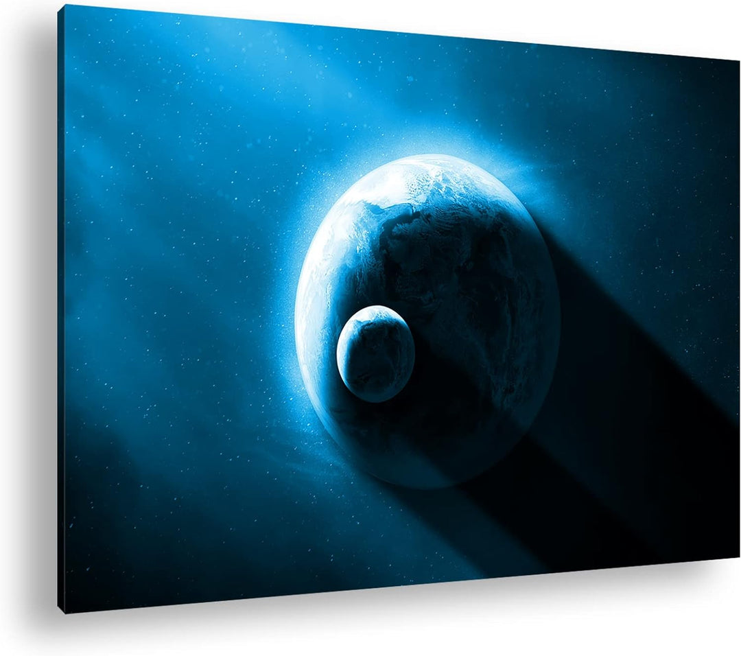 deyoli Dark Planet Erde mit Mond Format 80x60 Effekt: Monocrome Blau als Leinwandbild, Motiv fertig