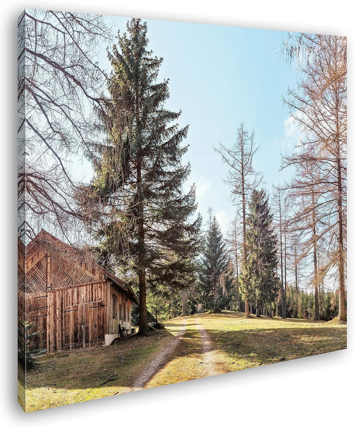 deyoli Alte Holzhütte im Wald Format: 70x70 als Leinwandbild, Motiv fertig gerahmt auf Echtholzrahme