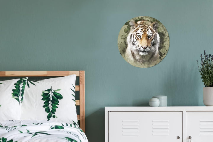 MuchoWow Wandbild Rund Wanddeko Deko Wohnzimmer Bilder 30x30 cm Tiger - Aquarell - Grün, 30x30 cm