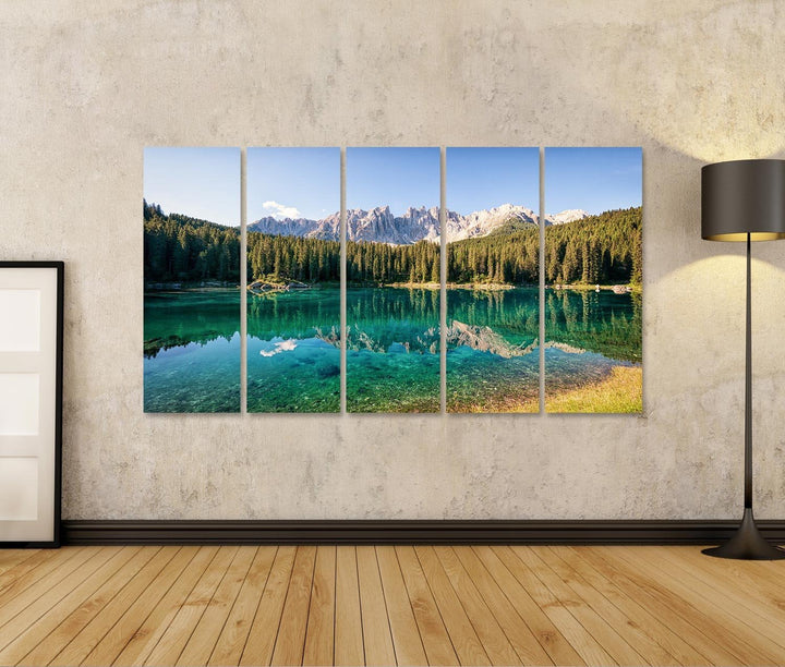 Bild auf Leinwand Karersee bei den Dolomiten in Italien Wandbild Poster Leinwandbild XXL 170x80 5-te