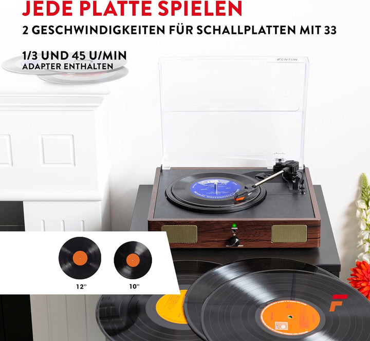 Fenton RP106DW Plattenspieler mit Lautsprecher und USB Anschluss zum Digitalisieren, Line Out, Rieme