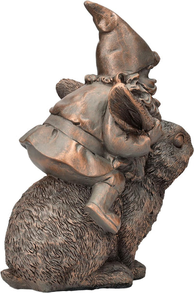 Pacific Giftware Gartenzwerg Figur reitet auf Hase | Bronzefarben Garten-Figur Deko Zwerg