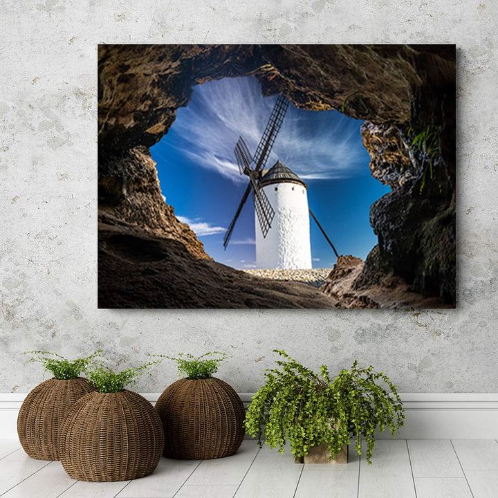 Feeby Wandbild 3D Bild Druckbild Leinwandbild Windmühle Blau 90x60 cm Leinwandbild 90x60 cm Blau_b,