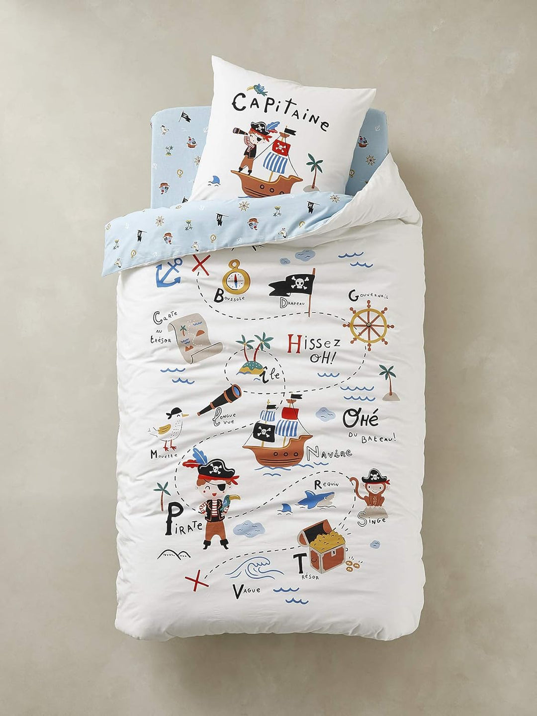 Vertbaudet Kinder Bettwäsche-Set „Piraten Kapitän“ wollweiss/blau Bedruckt 140X150 - Kissen 63X63 14