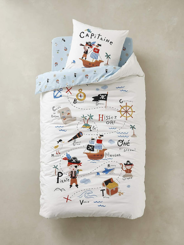 Vertbaudet Kinder Bettwäsche-Set „Piraten Kapitän“ wollweiss/blau Bedruckt 140X150 - Kissen 63X63 14