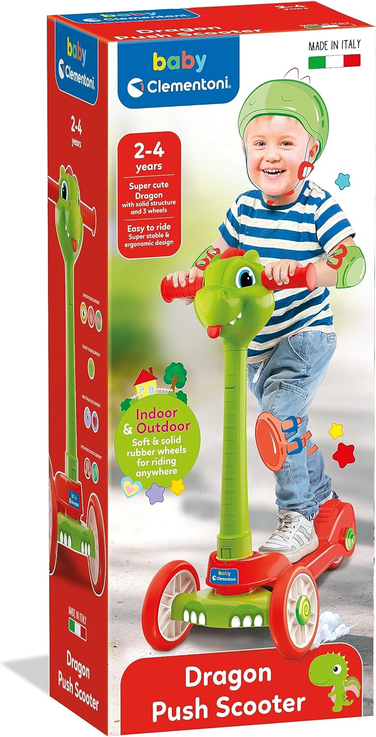 CLEMENTONI Unisex Kinder 120 Baby Dragon Push Scooter 2 Jahre mit 3 Rädern, Outdoor-Spiel und Innen-