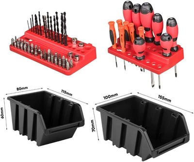 PAFEN Lagersystem - 1544 x 780 mm - Wandregal 75x Schwarz Stapelboxen und 38 stück Rot Werkzeughalte