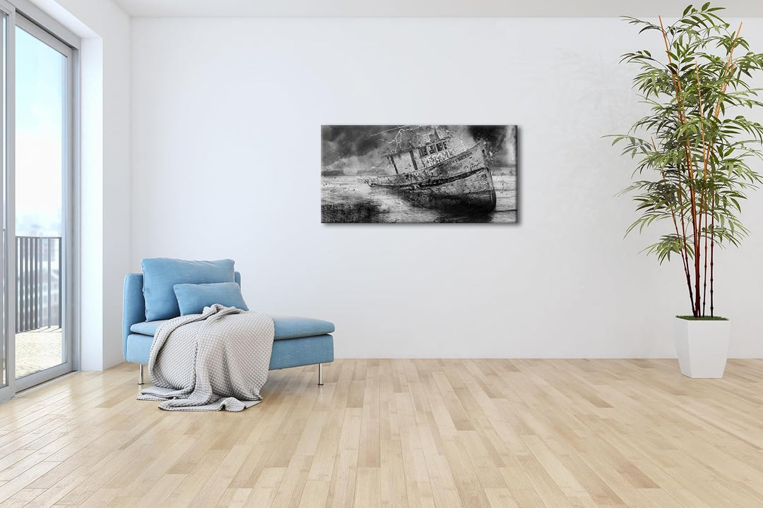 Stürmische Schiffsfahrt Panorama 80x40 cm Effekt: Schwarz/Weiss als Leinwandbild, Motiv fertig gerah