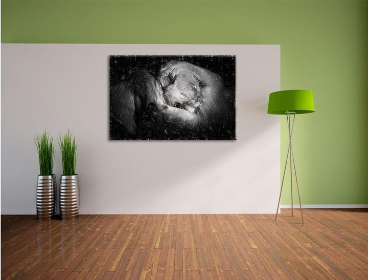 Pixxprint Männer Frauen Löwe kuscheln als Leinwandbild/Grösse: 100x70 cm/Wandbild/Kunstdruck/fertig