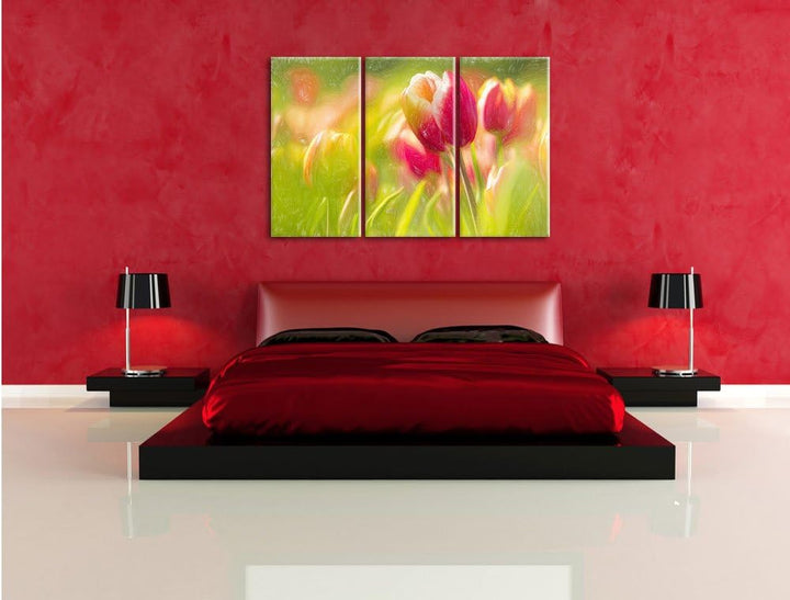 Pixxprint Blühende rote Tulpen Kunst Buntstift Effekt 3-Teiler Leinwandbild 120x80 Bild auf Leinwand