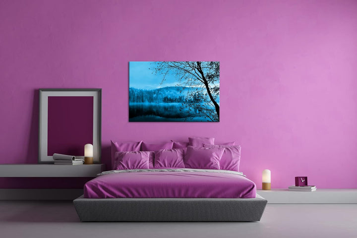 deyoli schöne Herbstlandschaft am See Format 80x60 Effekt: Monocrome Blau als Leinwandbild, Motiv fe