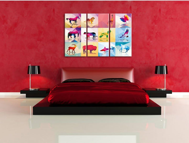 Pixxprint schöne Vector Tiere als Leinwandbild/Grösse: 3 Teilig (120x80) cm/Wandbild/Kunstdruck/fert
